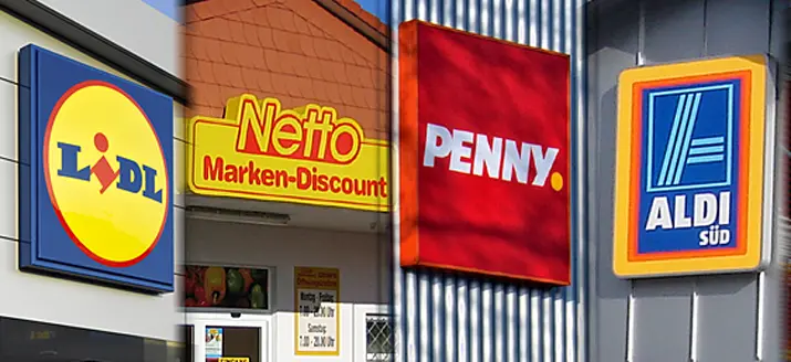 German discount supermarkets Lidl, Netto, Penny, and Aldi