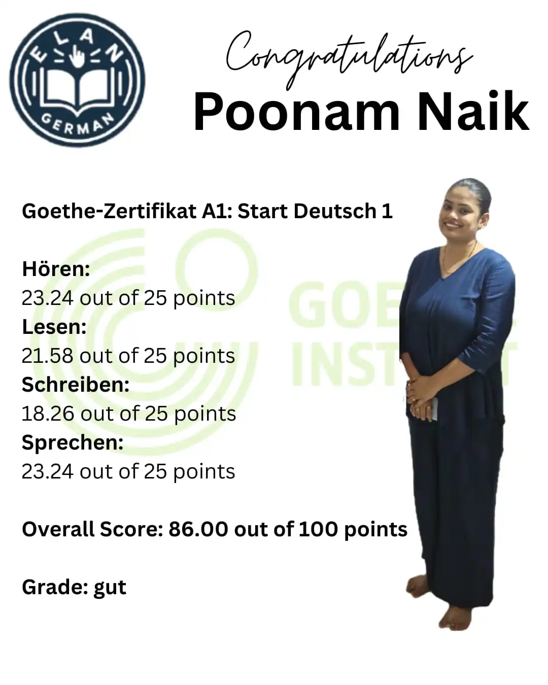 Poonam Naik A1 Goethe scores