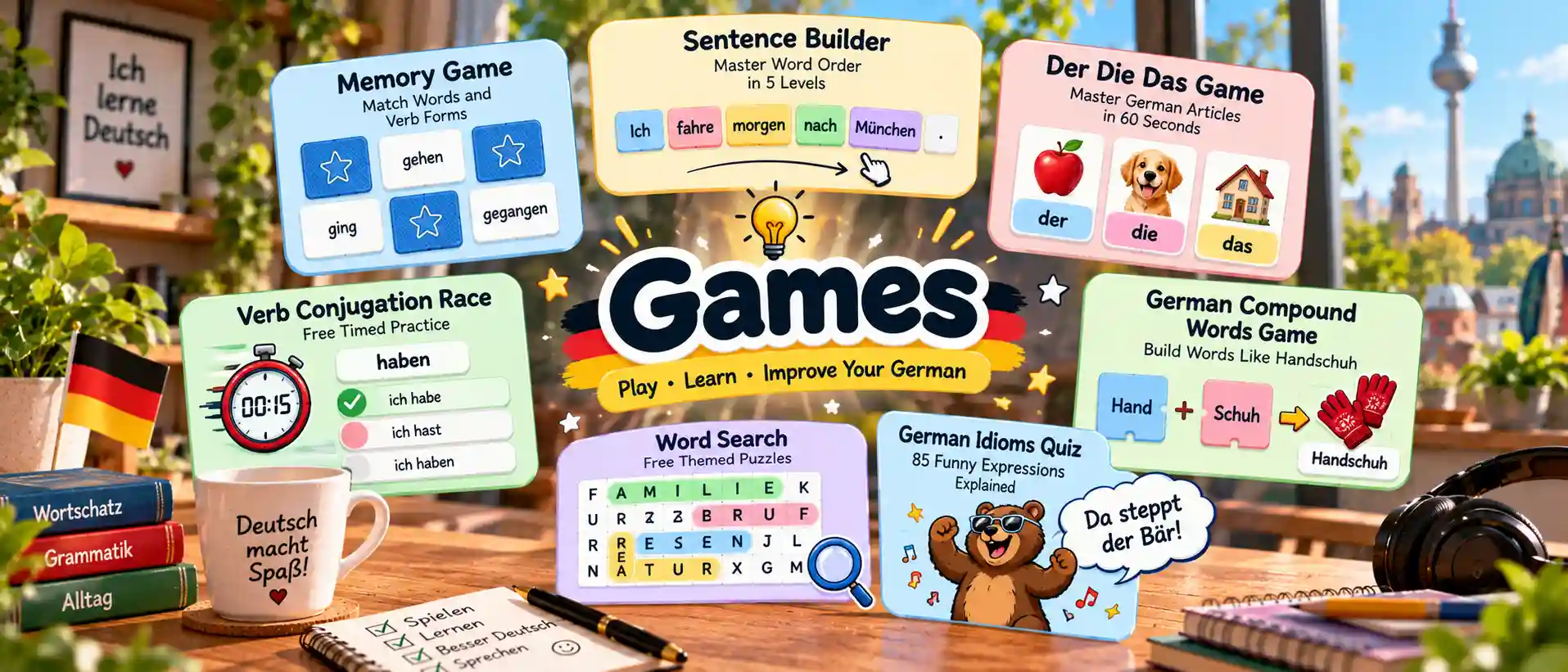 Free German learning games on Elan German: 10 daily games for A1 to C1 learners